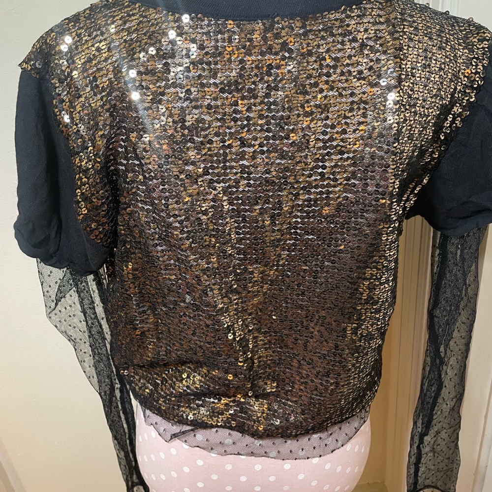 Free People Black Sequin Life Of The Party Mesh Sleeve Top - Picture 7 of 8
